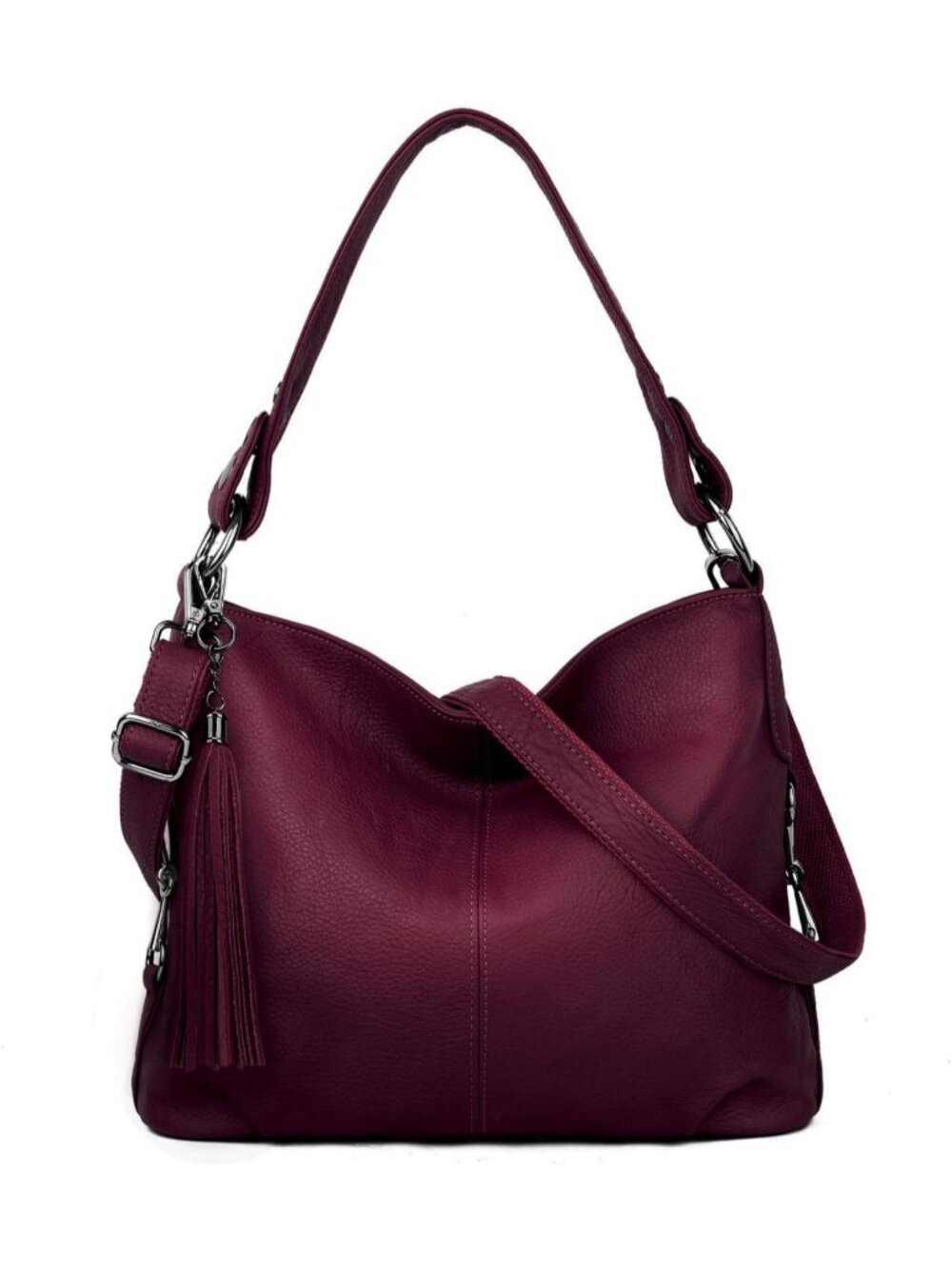 Women's Wine Red Genuine Leather Bag Slouchy Purse Crossbody Bag Zipper Pocket